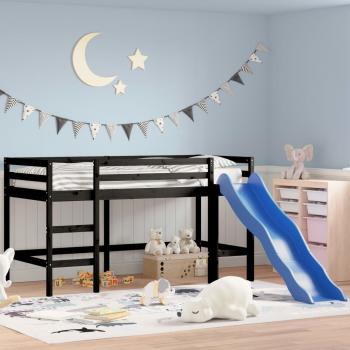 Cama alta de niños con tobogán negro 90x200 cm de pino macizo