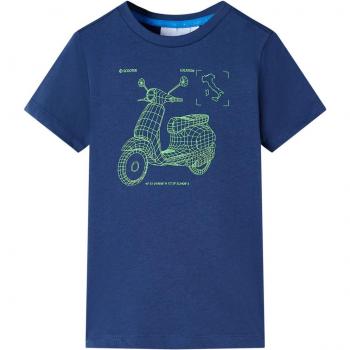 Camiseta Infantil de Manga Corta Estampada de Motocicleta en Azul Oscuro, Talla 116