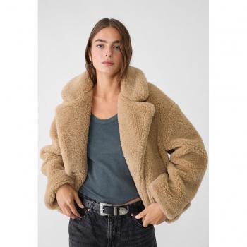 Beige Double-Breasted Faux Shearling Lined Jacket Size S