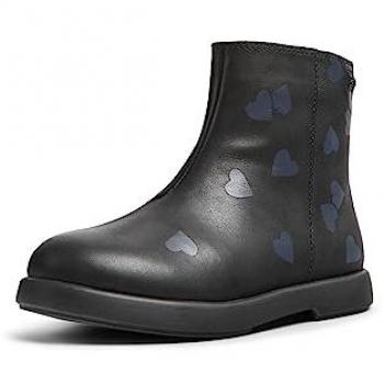 Botines de niña Camper K900329-003 en piel negra con estampado de corazones, talla 28, diseño plano y cremallera