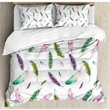 Juego de sábanas de plumas de 3 piezas Juego de fundas nórdicas, Acuarelas irregulares Patrones de plumas de pájaros en diseño de plumaje de menta en colores pastel suaves, Juego de fundas de edredón