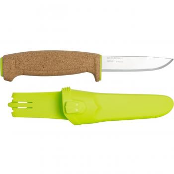 Morakniv STE-13686 Cuchillo deportivo flotante con hoja de acero inoxidable SANDVIK 12C27, mango de corcho y funda de plástico ABS verde lima