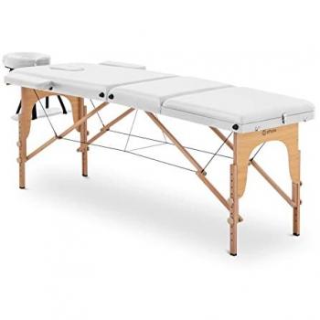 Camilla de masaje plegable extra ancha (70 cm) con reposapies inclinable - Madera de haya - Blanca
