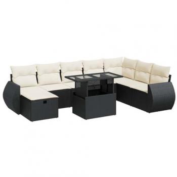 9-Piece Black Poly Rattan Garden Sofa Set with Cushions
