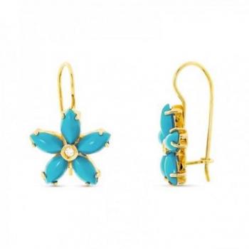 Pendientes de oro 18k con flor de turquesas imitación reconstituidas y circonitas