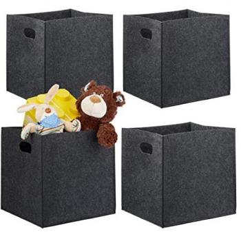 Set de 4 Cestos Cuadrados de Fieltro Plegables con 2 Asas, Antracita, 30x30x30 cm