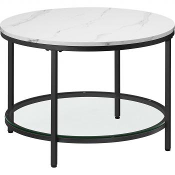 Mesa de Centro Redonda Imitación Mármol con Estante de Vidrio Templado 65x46 cm, Estilo Moderno para Salón