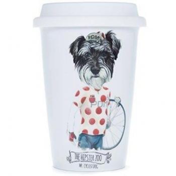 La Cija The Hipster Zoo Mr. Cyclist Vaso Americano de Porcelana con Tapa de Silicona, Blanco, 9.9x9.9x13.7 cm