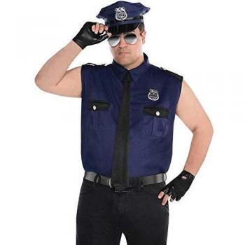 amscan- Blue Muscle Cop Costume with Gloves and Hat for Adults-Size PC Disfraz de policía musculosa Azul con Guantes y Sombrero para Adultos, Talla XL, 1 Unidad, Color, Extra Large