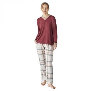 Pijama de mujer de algodón granate manga larga con cuello en pico, modelo JJBEP1401