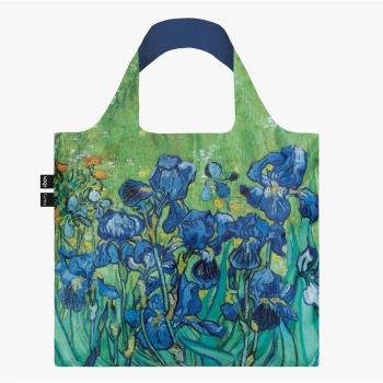 Bolsa plegable Loqi Van Gogh Irises Museo, bolsa reusable, diseño de la obra Irises de Vincent Van Gogh, fabricada en poliéster reciclado, capacidad para cargar hasta 20 kg, resistente al agua y