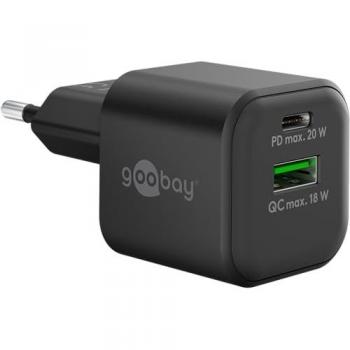 Cargador Rápido Dual USB-C PD GaN Nano 20 W y QC USB-A 18 W Negro
