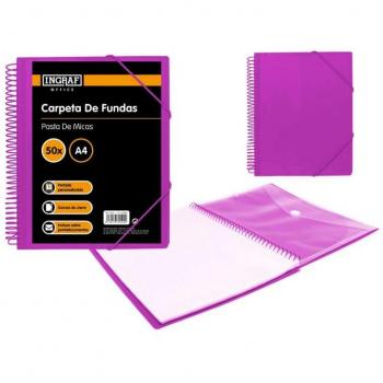 CARPETA PP INGRAF 50 FUNDAS CON SOBRE PORTADOCUMENTOS A4 - POLIPROPILENO RÍGIDO - ESPIRAL PLÁSTICA INDEFORMABLE - APERTURA 360 GRADOS - PORT