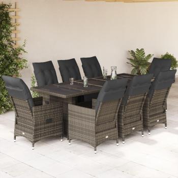 9-Piece Grey Poly Rattan Garden Bistro Set with Cushions