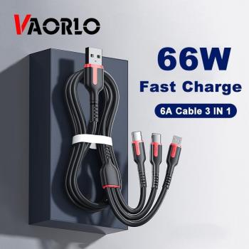 Cable de Carga 3 en 1 VAORLO 1.8M, 6A, 66W, Carga Rápida para Tipo-C, Micro y iOS, Cable de Resorte con Transmisión de Datos