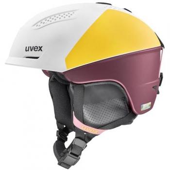 Uvex Ultra Pro Casco de Esquí para Mujer - Talla 55-59 cm, Color Blanco, Amarillo y Granate