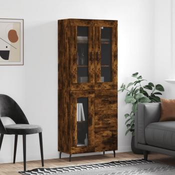 Aparador alto de madera contrachapada roble ahumado 69,5x34x180 cm con 1 puerta de cristal y 3 cajones, mueble de almacenaje para salón, buffet, armario auxiliar y