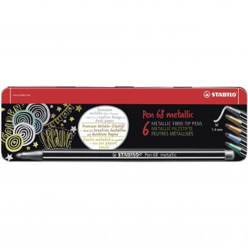 Rotulador Metálico STABILO Pen 68 - Estuche de Metal con 6 Colores (2x Plata, 1x Oro, Cobre, Azul Metálico, Verde Metálico)