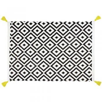 Alfombra de baño KYLA - Algodón - 50x70 cm - Blanco y Negro con Diseño Gráfico y Pompones