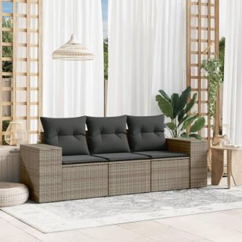 3-Piece Grey Poly Rattan Garden Sofa Set with Cushions