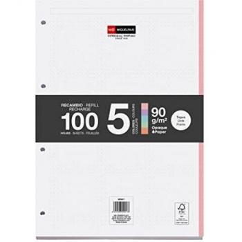 Miquelrius Bloc Recambio Hojas Sueltas - 5 Franjas de Colores Pastel, 100 Hojas de Puntitos Dots, Tamaño A4, Papel 90 g, con 4 Taladros