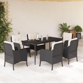 7-Piece Black Poly Rattan Garden Dining Set with Cushions