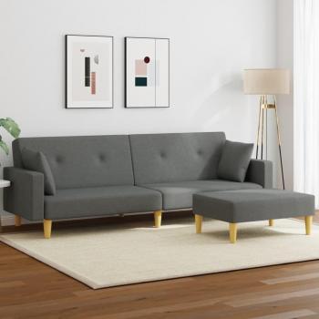 Sofá cama de 2 plazas con reposapiés y taburete en tela gris oscuro