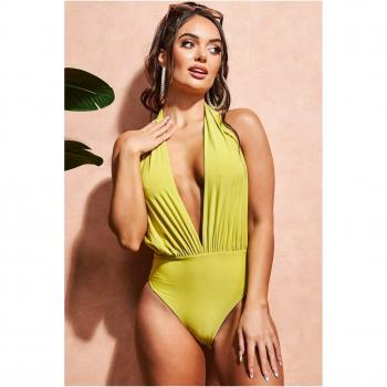 Goddiva Deep Plunge Halter Neck Swimsuit - Lime Green - Size XXS/X-Small