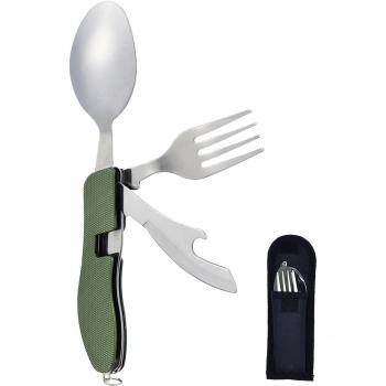 Hikenture (TM) - Juego de utensilios de acero inoxidable, 4 en 1, incluye tenedor, cuchillo, cuchara y abridor de botella, con funda de almacenamiento