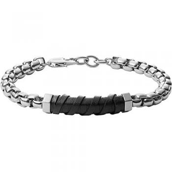 Pulsera de cadena para hombre Fossil JF03631040 de acero inoxidable y cuero negro, longitud ajustable 21-23 cm