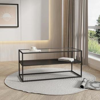Mesa de Centro Rectangular Solund con 1 Estante de Acero y Cristal Templado 102x43x46 cm - Negro Mate