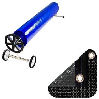 Cubierta de Protección Invierno para Piscina 5,5 x 7,5 m + 15 cm Anclaje Beige y Pack Manta Térmica de 500 Micras con Enrollador Telescópico de 81