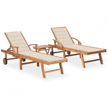 Teak Wood Sun Loungers Set with Table and Cushions - 2 Pieces