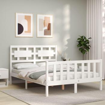 Estructura de cama pequeña doble con cabecero de madera maciza blanca
