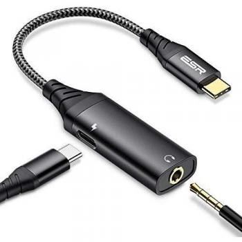ESR 2 en 1 Adaptador USB-C a Jack 3,5mm, Tipo C Adaptador de Nailon Trenzado para Auriculares Estéreo+Carga Adaptadores para iPad Pro/iPad Air 2020/iPad Pro 12.9, Pixel 3,Huawei P30 Pro,Galaxy S20/S20