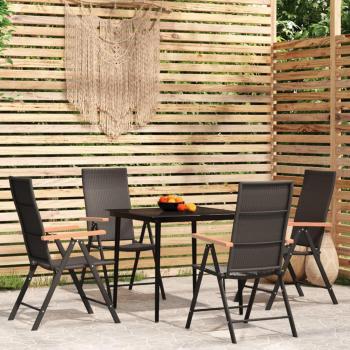 vidaXL 5 Piece Garden Dining Set Black - Outdoor Furniture Set with Adjustable PE Rattan Chairs and Glass Tabletop - Ideal for Patio, Backyard, Or Deck