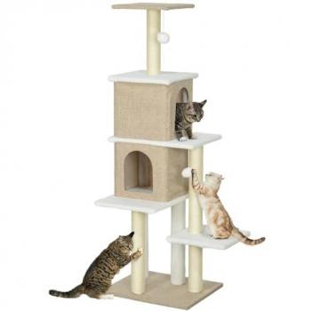 Árbol Rascador para Gatos de 140 cm con 2 Nidos, Plataformas y Poste de Sisal en Color Marrón Claro