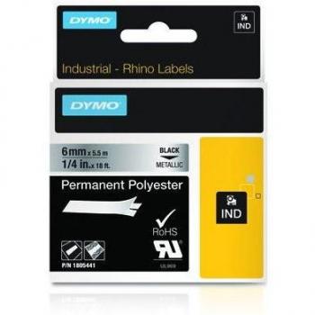 Dymo Cinta de poliéster permanente negra sobre fondo plata 6mm para impresoras de etiquetas Rhino 4200 y Rhino 5200, referencia 1805441