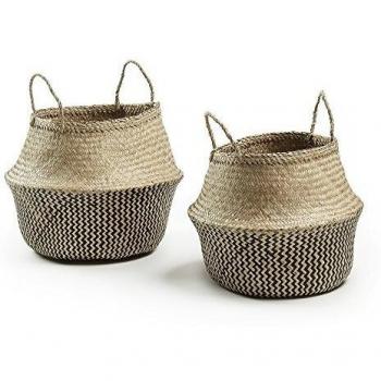 Kave Home - Set de 2 cestas Thai marrón y Negro de Fibras Naturales con Asas
