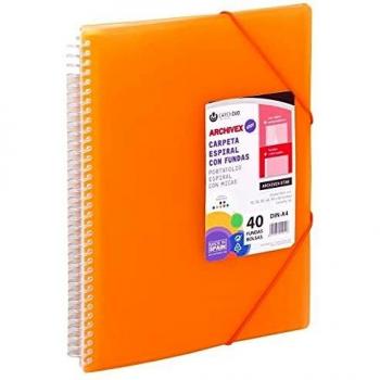 Carpeta 30 fundas espiral con sobre naranja