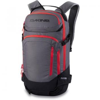 Mochila Dakine Heli Pro 20L gris negro rojo con capacidad de 20 litros, diseño ergonómico, compartimento para laptop, sistema de transporte para esquís y snowboard, múltiples bolsillos organizadores y materiales resistentes al agua