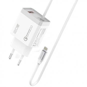 Cargador de Pared Lightning Promate iCharge-PDQC3 con Cable de 1.5m, Carga Rápida USB 3.0 y Potencia de 20W
