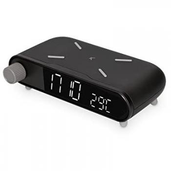 Despertador Cargador Inalámbrico KSIX 10W, Tecnología Qi, Indicador de Temperatura, Color Negro Brillante