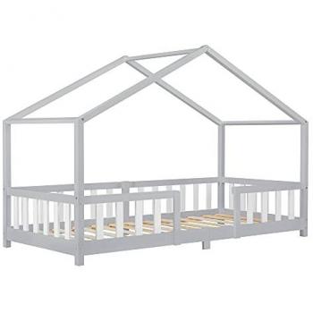 Cama para niños Treviolo forma de casa pino 90x200 cm gris claro y blanco mate, características: fabricada en madera de pino, dimensiones 207 x 97 x 138 cm, incluye reja protectora,