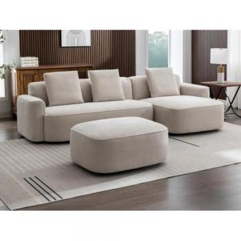 Sofá de Esquina Derecho con Puff en Tela Texturizada Color Beige POMIANGO - 6 Plazas - Estilo Contemporáneo