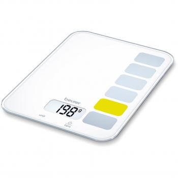 Beurer KS19 - Balanza de Cocina Bon Appetite, medicíón 5 kg, 1 gr, pantalla LCD, botón táctil, vidrio de seguridad, auto tara, apagado automática, aviso sobrecarga, Color Blanco