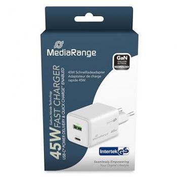 Cargador MediaRange 45W GaN Doble USB-A y USB-C, Carga Rápida, Color Blanco