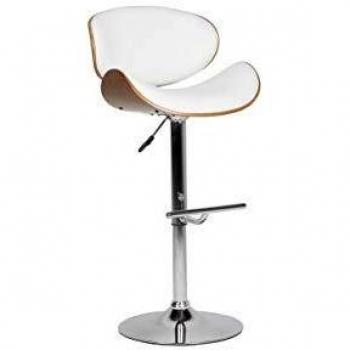 Taburete de Bar Giratorio de Madera Oscura con Asiento y Respaldo en Piel Sintética Blanca, Altura Ajustable Rotterdam