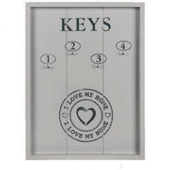 ootb Tabla Blanca de Madera para Colgar Las Llaves, I Love my Home, con 4 Ganchos, Aprox. 24 x 32 cm, contrachapada