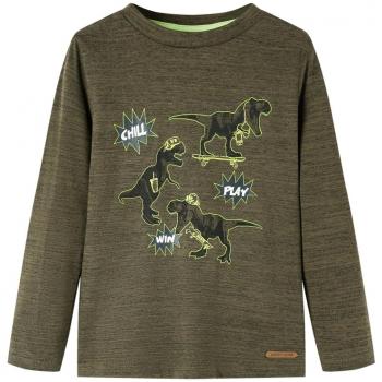 Camiseta Infantil Manga Larga Estampado Dinosaurios Jersey Caqui Oscuro 140